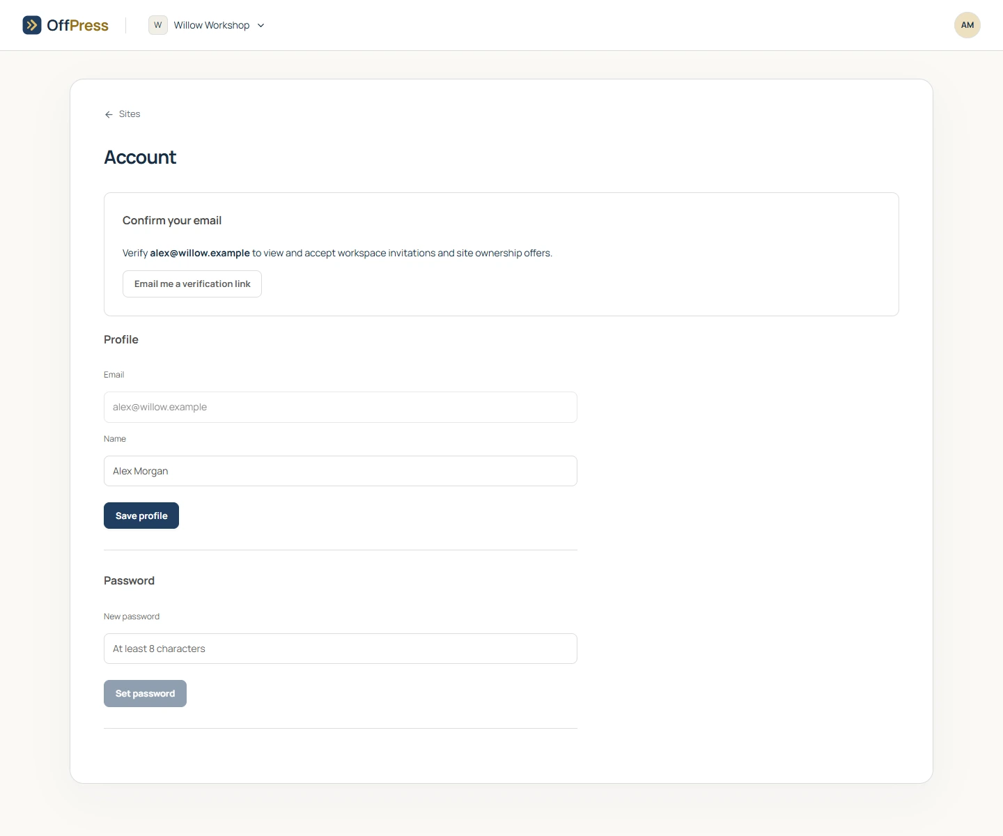 Account settings with profile and password forms